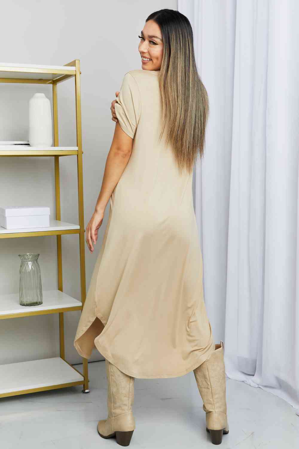 HYFVE V-Neck Short Sleeve Curved Hem Dress in Caffe Latte