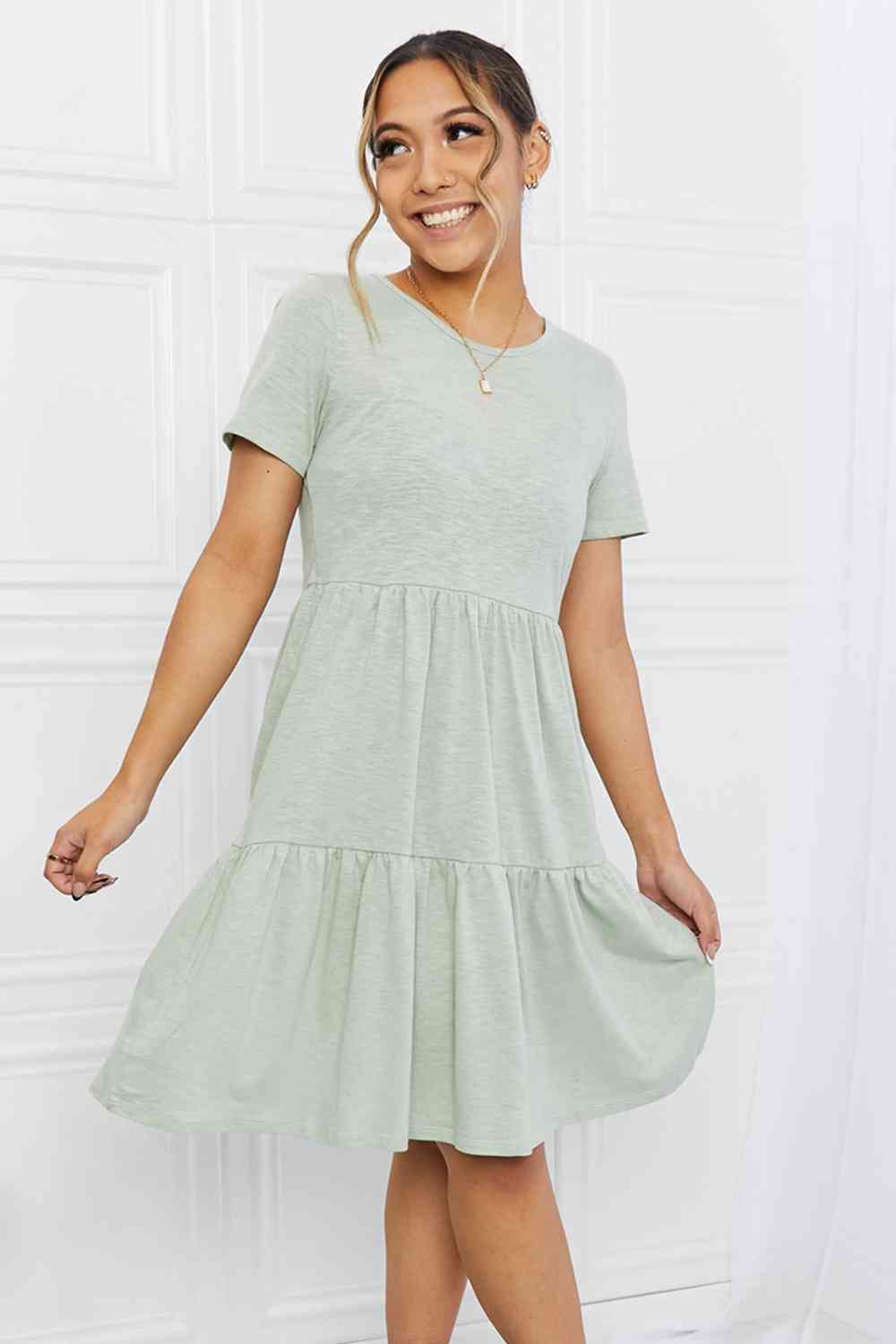 BOMBOM Short Sleeve Round Neck Tiered Tee Dress