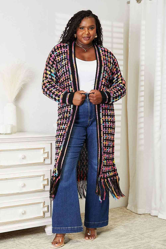 Double Take Full Size Multicolored Open Front Fringe Hem Cardigan - Regaleetos