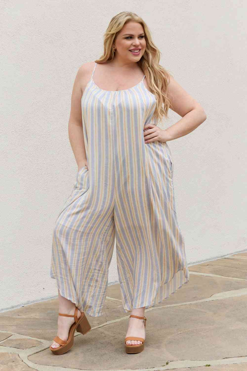 HEYSON Full Size Multi Colored Striped Jumpsuit with Pockets