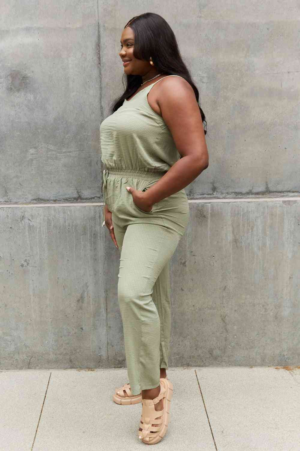 ODDI Full Size Textured Woven Jumpsuit in Sage