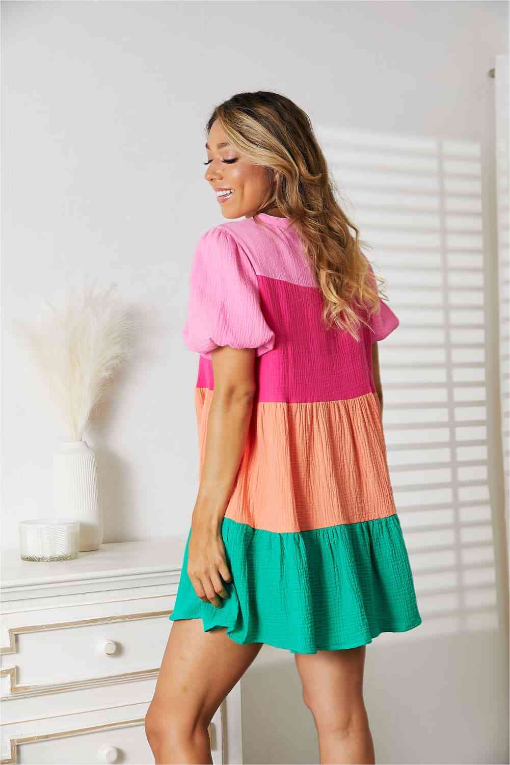 Double Take Color Block Buttoned Puff Sleeve Dress