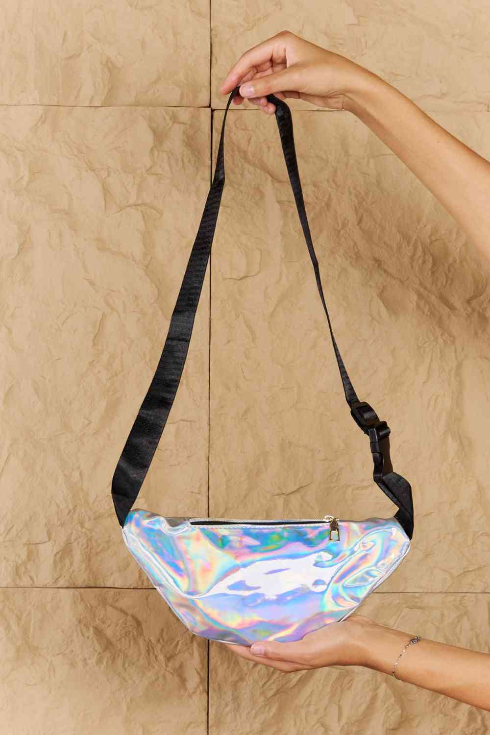 Fame Good Vibrations Holographic Double Zipper Fanny Pack in Silver