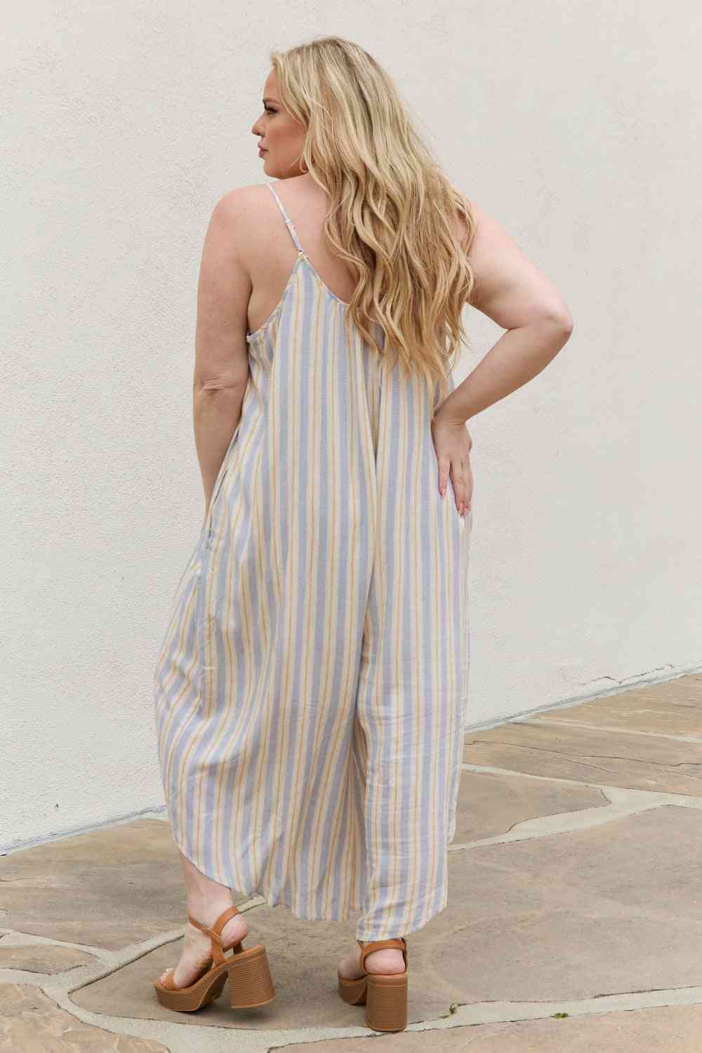 HEYSON Full Size Multi Colored Striped Jumpsuit with Pockets