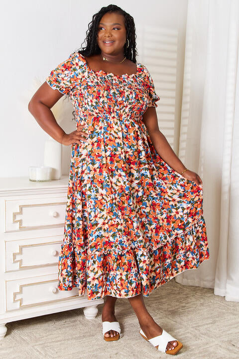 Double Take Plus Size Floral Smocked Square Neck Dress