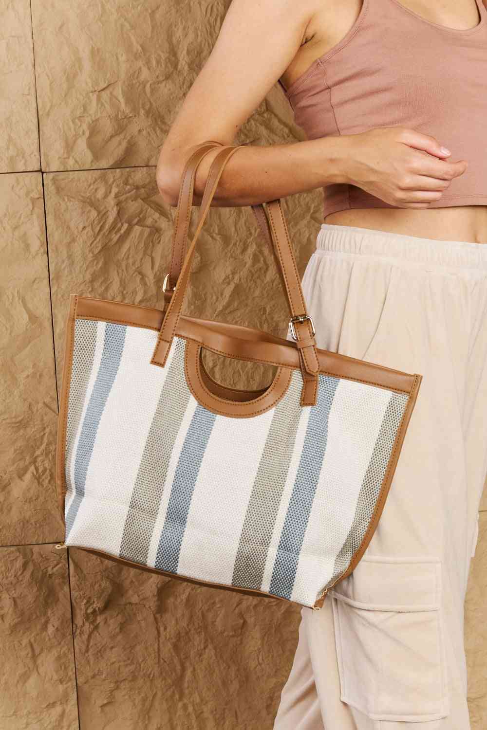 Fame Striped In The Sun Faux Leather Trim Tote Bag