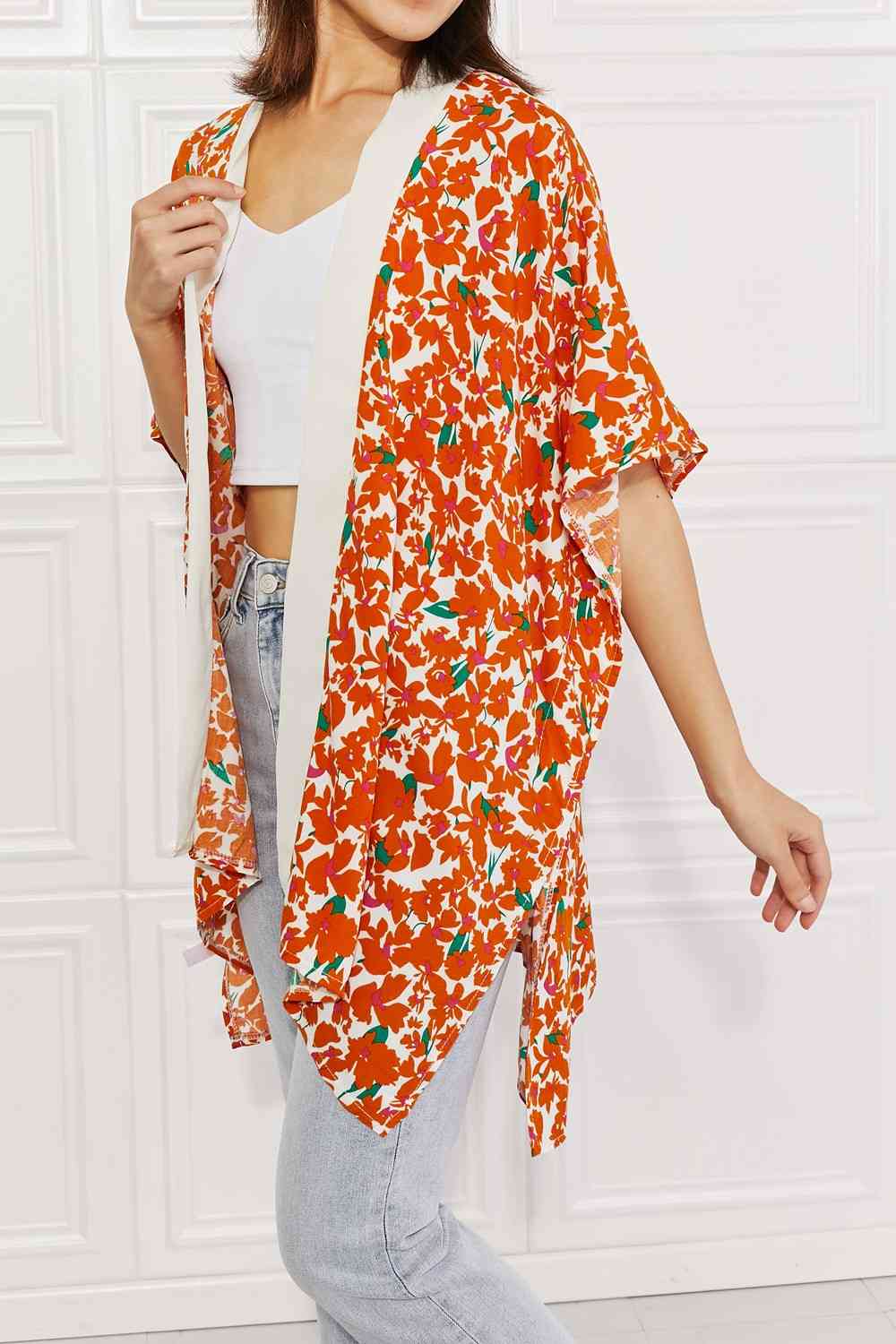 Justin Taylor Citrus Blossom Floral Contrast Trim Kimono